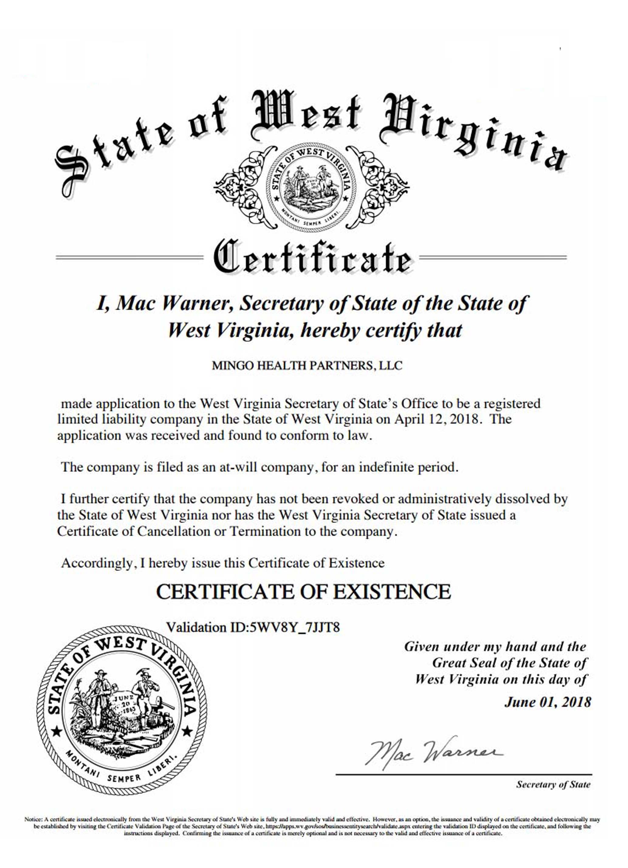 USA West Virginia certificate of good standing